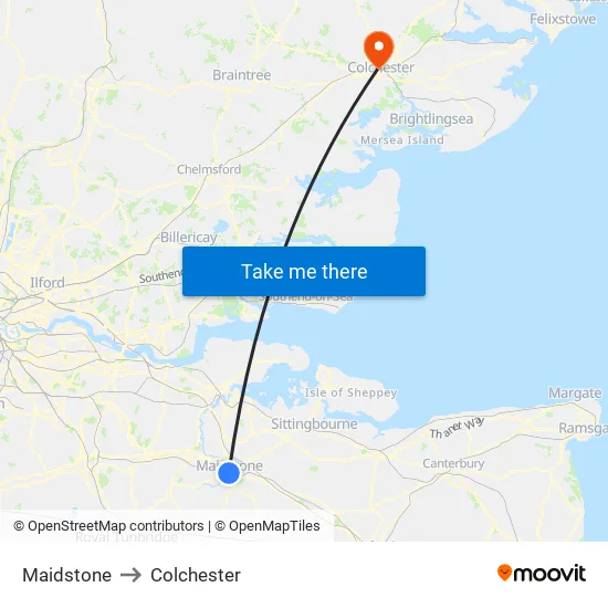 Maidstone to Colchester map