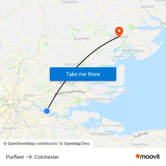 Purfleet to Colchester map