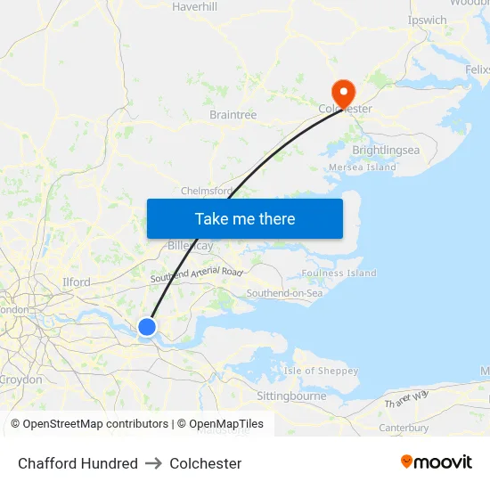 Chafford Hundred to Colchester map