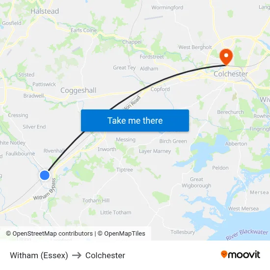 Witham (Essex) to Colchester map