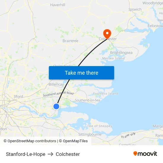 Stanford-Le-Hope to Colchester map