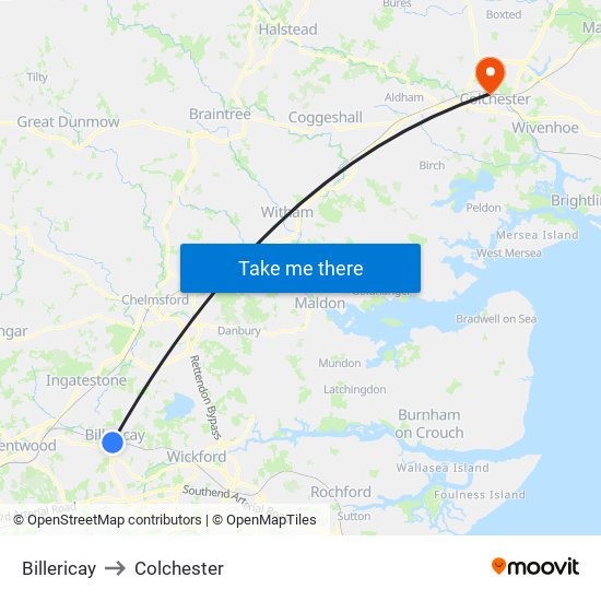 Billericay to Colchester map