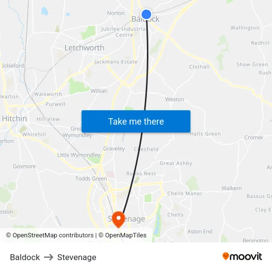 Baldock to Stevenage map