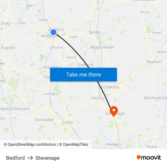 Bedford to Stevenage map