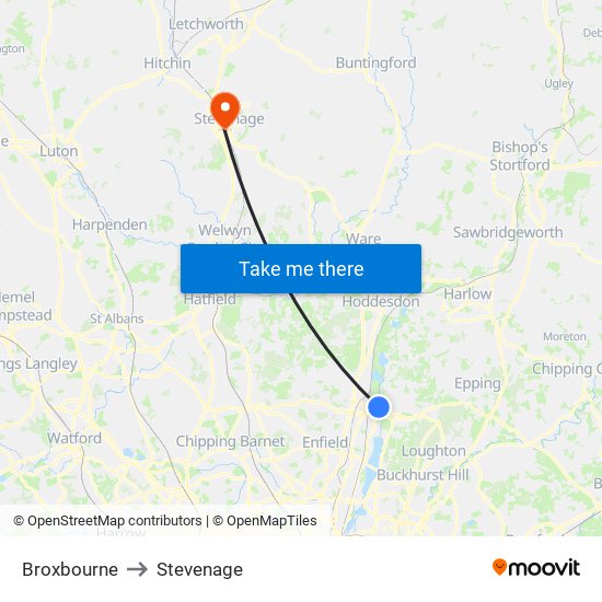 Broxbourne to Stevenage map