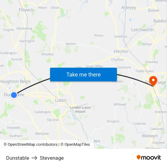 Dunstable to Stevenage map
