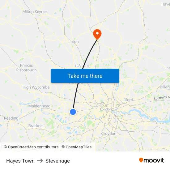 Hayes Town to Stevenage map