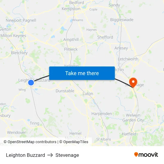 Leighton Buzzard to Stevenage map