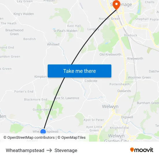 Wheathampstead to Stevenage map