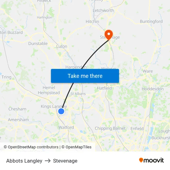 Abbots Langley to Stevenage map