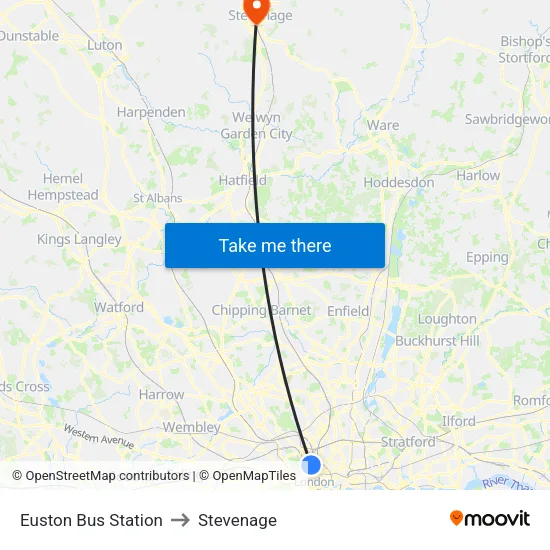 Euston Bus Station to Stevenage map
