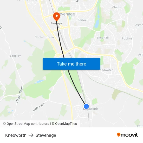 Knebworth to Stevenage map