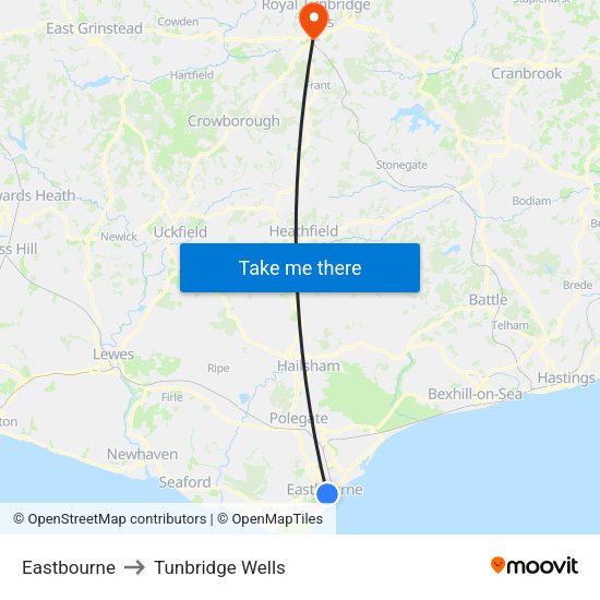 Eastbourne to Tunbridge Wells map