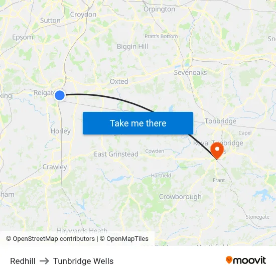 Redhill to Tunbridge Wells map