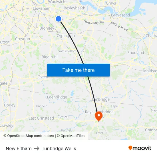 New Eltham to Tunbridge Wells map