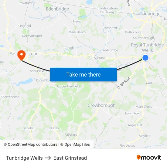 Tunbridge Wells to East Grinstead map