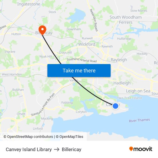 Canvey Island Library to Billericay map
