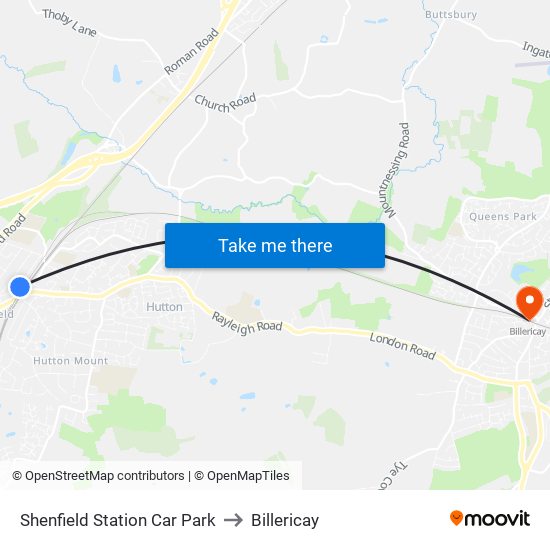 Shenfield Station Car Park to Billericay map