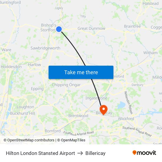Hilton London Stansted Airport to Billericay map