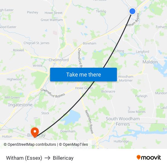 Witham (Essex) to Billericay map