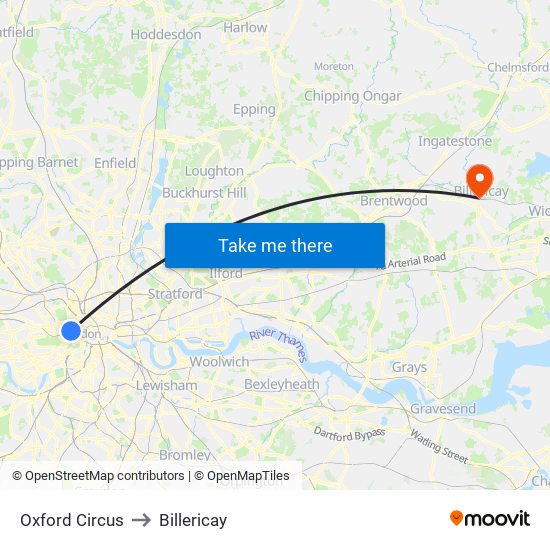 Oxford Circus to Billericay map