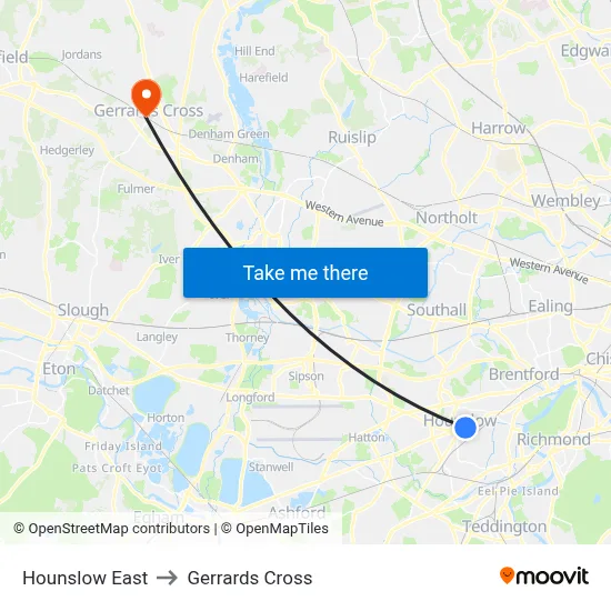 Hounslow East to Gerrards Cross map