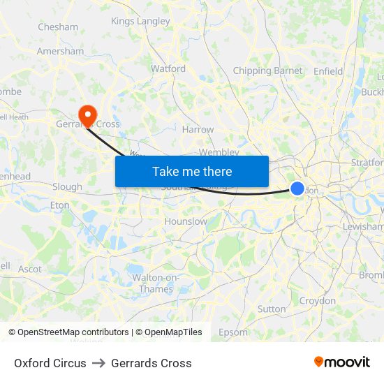 Oxford Circus to Gerrards Cross map