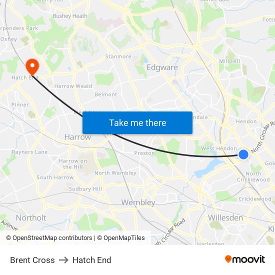 Brent Cross to Hatch End map