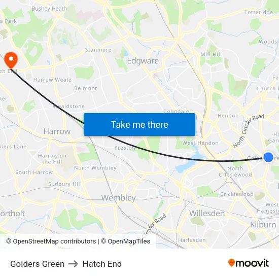 Golders Green to Hatch End map