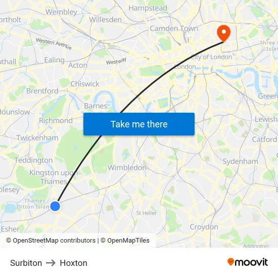 Surbiton to Hoxton map
