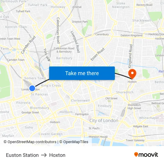 Euston Station to Hoxton map