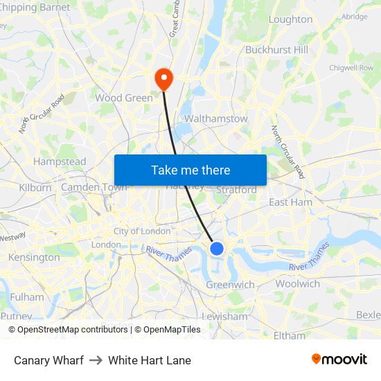 Canary Wharf to White Hart Lane map