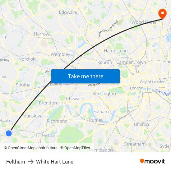 Feltham to White Hart Lane map
