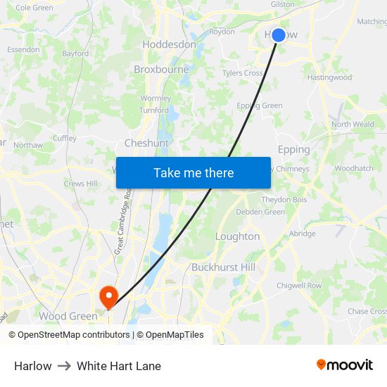Harlow to White Hart Lane map