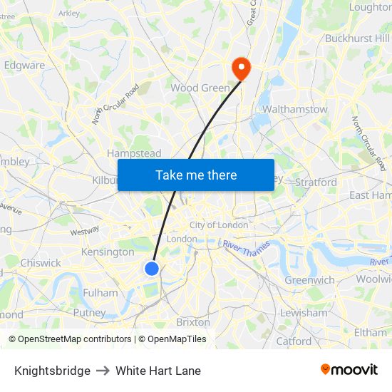 Knightsbridge to White Hart Lane map