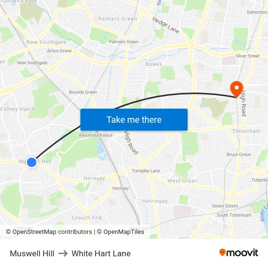 Muswell Hill to White Hart Lane map