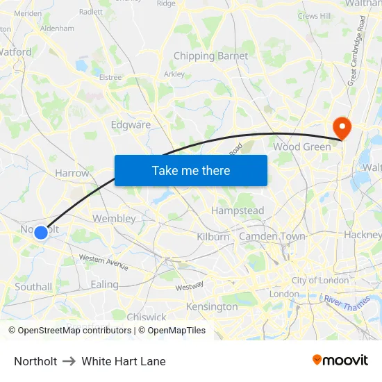 Northolt to White Hart Lane map