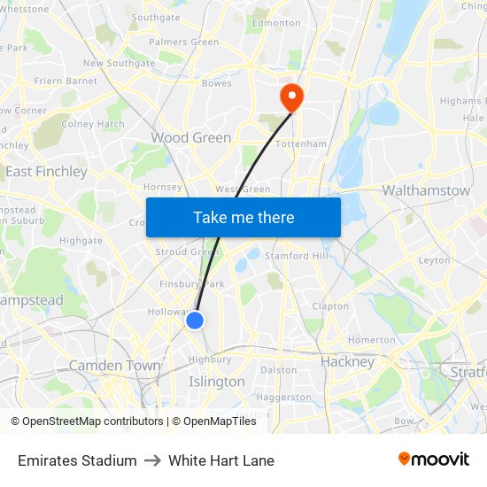 Emirates Stadium to White Hart Lane map