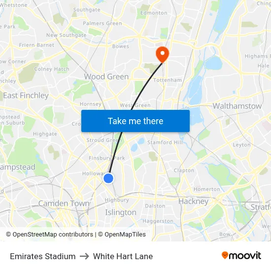 Emirates Stadium to White Hart Lane map