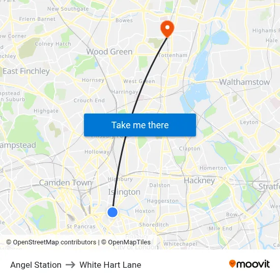 Angel Station to White Hart Lane map