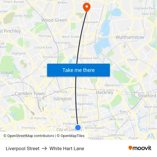 Liverpool Street to White Hart Lane map