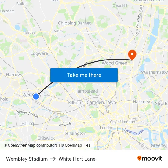Wembley Stadium to White Hart Lane map