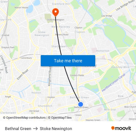 Bethnal Green to Stoke Newington map