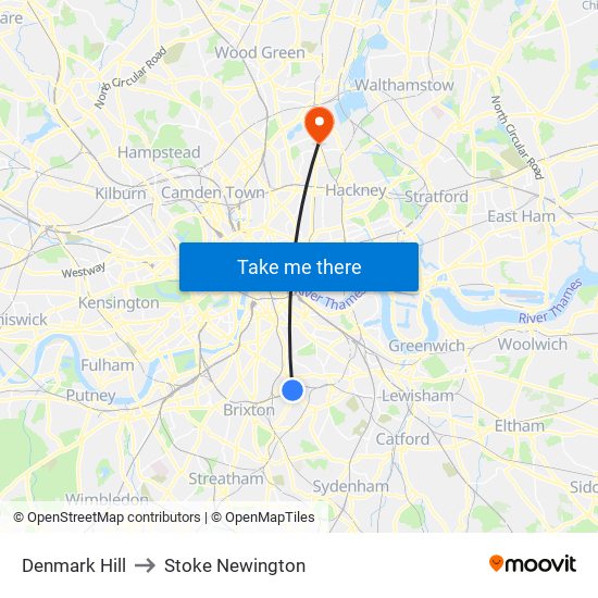 Denmark Hill to Stoke Newington map