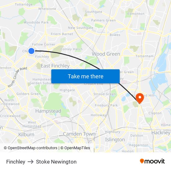 Finchley to Stoke Newington map