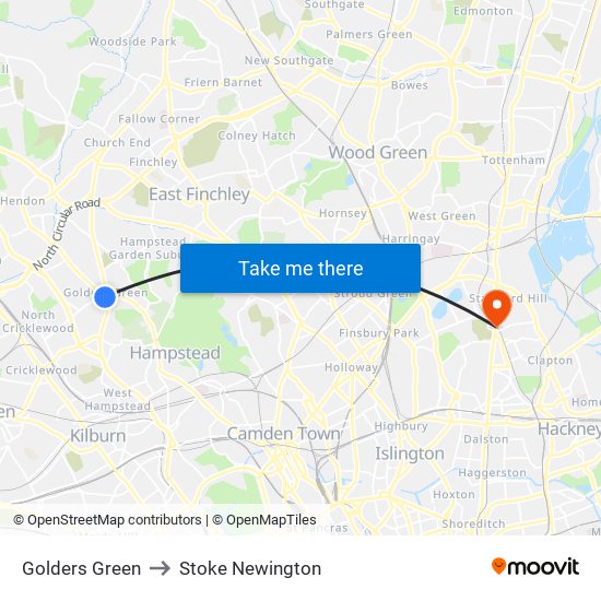 Golders Green to Stoke Newington map