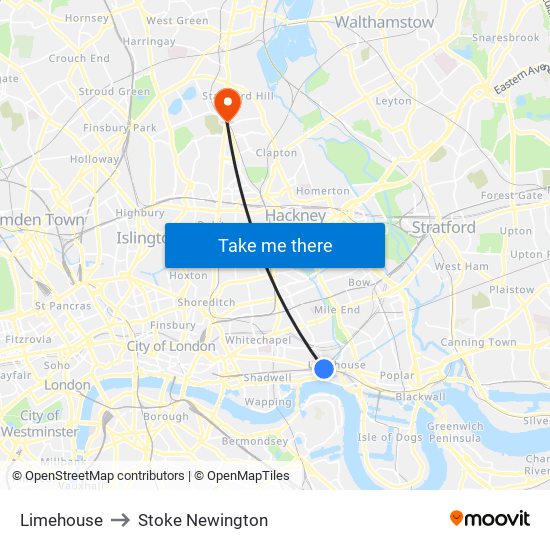 Limehouse to Stoke Newington map