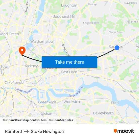 Romford to Stoke Newington map