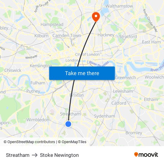 Streatham to Stoke Newington map