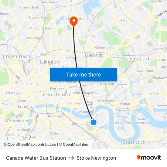 Canada Water Bus Station to Stoke Newington map